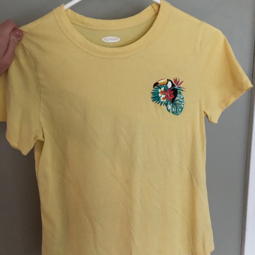 yellow tee, with toucan design